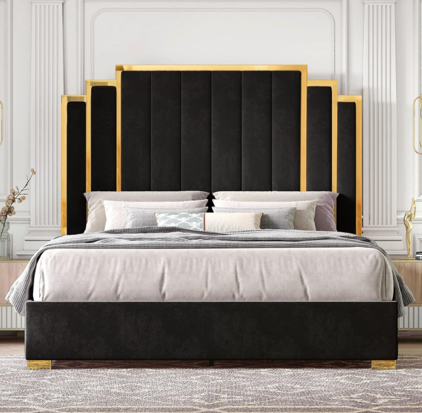 King Size Bed Frame and 65" Headboard, Upholstered Bed with Golden Plating Trim, Modern Platform Bed No Box Spring Needed, COLORS AVAILABLE ,BLACK Green ,BEIGE, AND GRAY