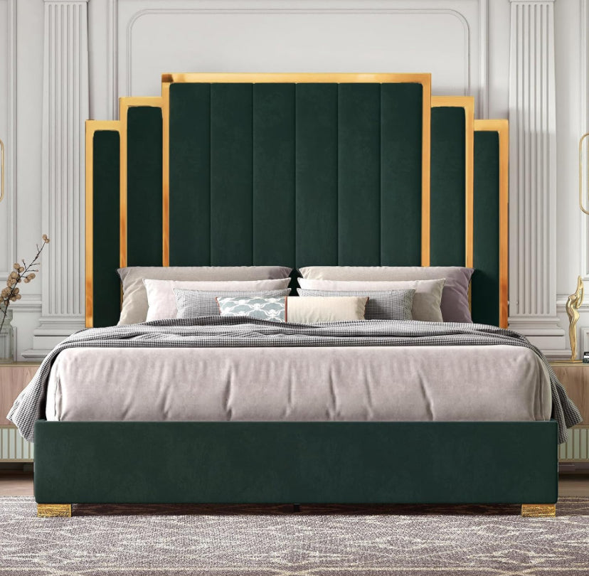 King Size Bed Frame and 65" Headboard, Upholstered Bed with Golden Plating Trim, Modern Platform Bed No Box Spring Needed, COLORS AVAILABLE ,BLACK Green ,BEIGE, AND GRAY
