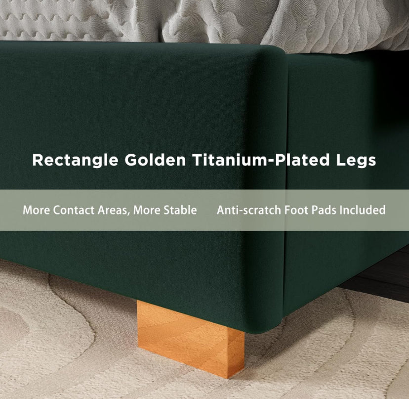 King Size Bed Frame and 65" Headboard, Upholstered Bed with Golden Plating Trim, Modern Platform Bed No Box Spring Needed, COLORS AVAILABLE ,BLACK Green ,BEIGE, AND GRAY
