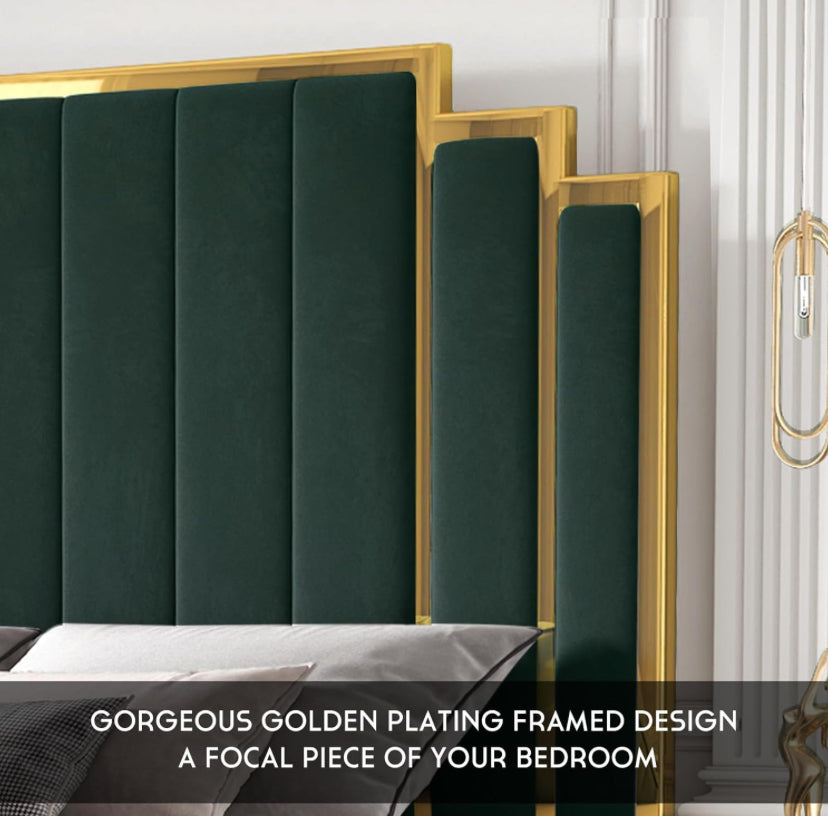 King Size Bed Frame and 65" Headboard, Upholstered Bed with Golden Plating Trim, Modern Platform Bed No Box Spring Needed, COLORS AVAILABLE ,BLACK Green ,BEIGE, AND GRAY