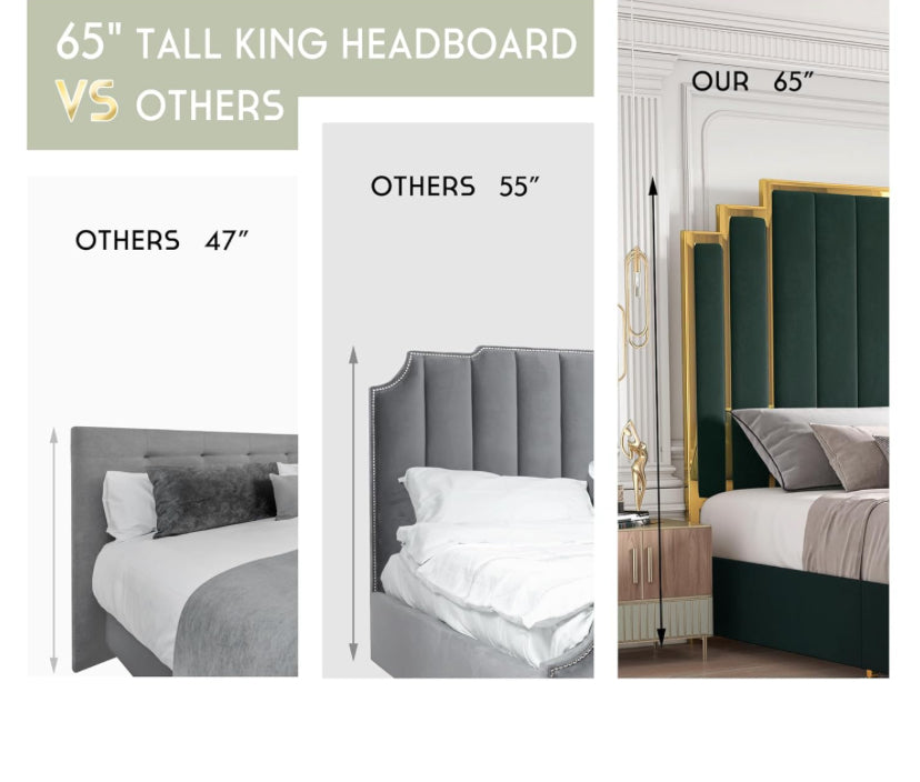 King Size Bed Frame and 65" Headboard, Upholstered Bed with Golden Plating Trim, Modern Platform Bed No Box Spring Needed, COLORS AVAILABLE ,BLACK Green ,BEIGE, AND GRAY