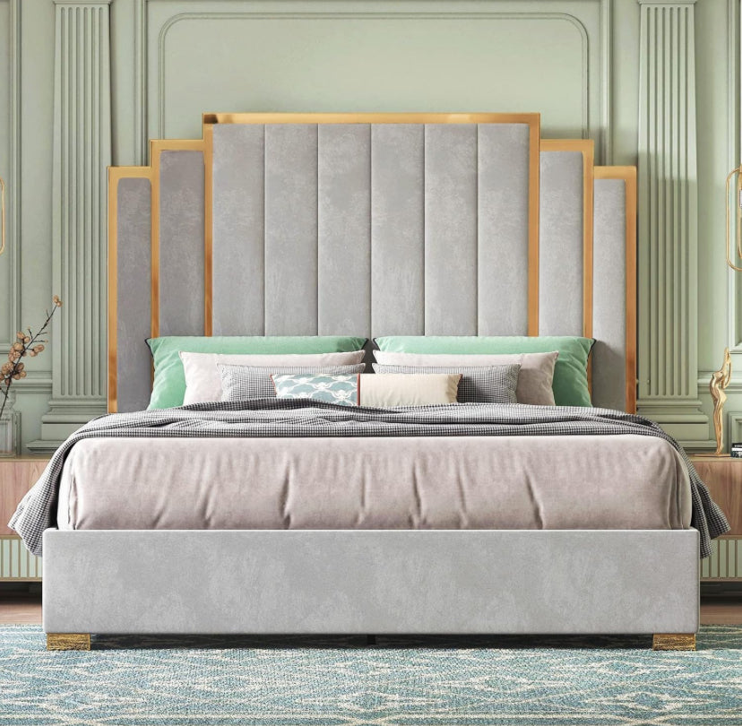 King Size Bed Frame and 65" Headboard, Upholstered Bed with Golden Plating Trim, Modern Platform Bed No Box Spring Needed, COLORS AVAILABLE ,BLACK Green ,BEIGE, AND GRAY