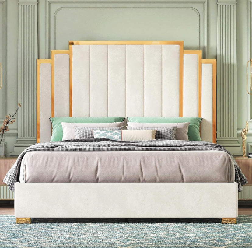 King Size Bed Frame and 65" Headboard, Upholstered Bed with Golden Plating Trim, Modern Platform Bed No Box Spring Needed, COLORS AVAILABLE ,BLACK Green ,BEIGE, AND GRAY