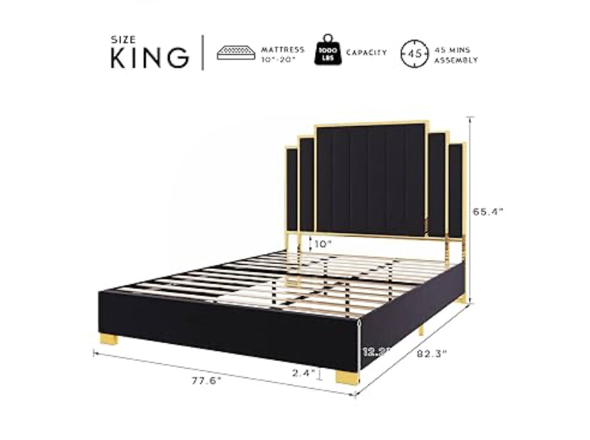 King Size Bed Frame and 65" Headboard, Upholstered Bed with Golden Plating Trim, Modern Platform Bed No Box Spring Needed, COLORS AVAILABLE ,BLACK Green ,BEIGE, AND GRAY