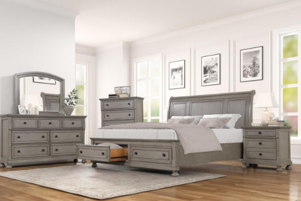 CARSON LT GREY 	5 PC ( King Bed, Dresser, Mirror, Nightstand, Chest )