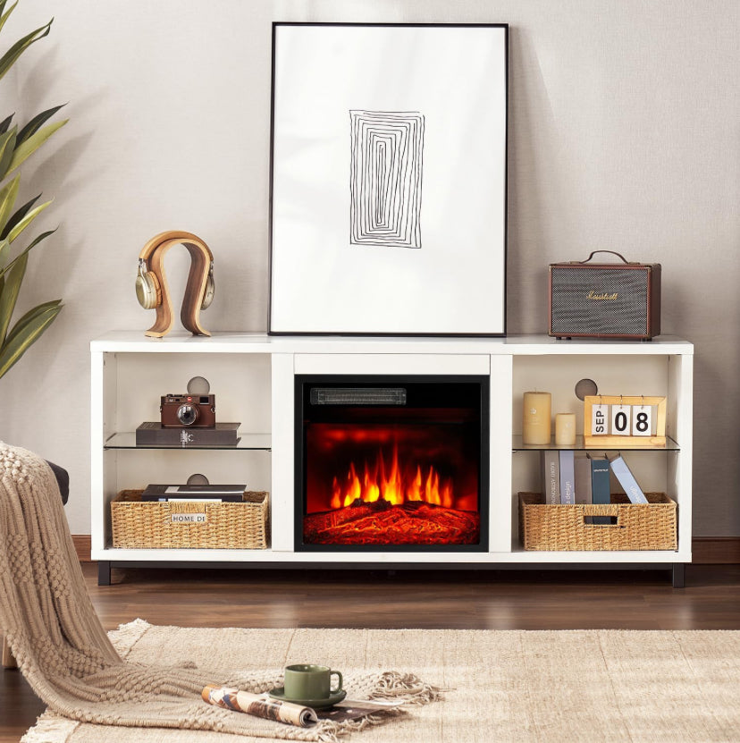 TV STAND W FIREPLACE ON WHITE 65”