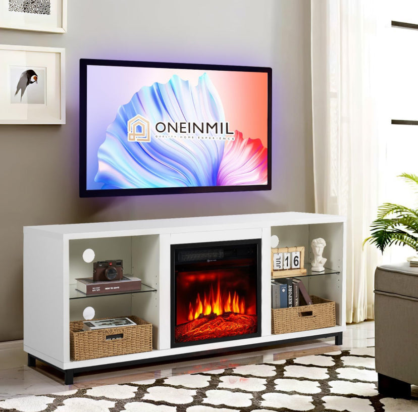TV STAND W FIREPLACE ON WHITE 65”