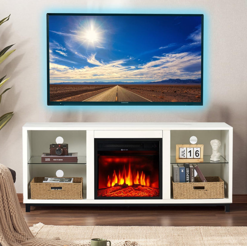 TV STAND W FIREPLACE ON WHITE 65”