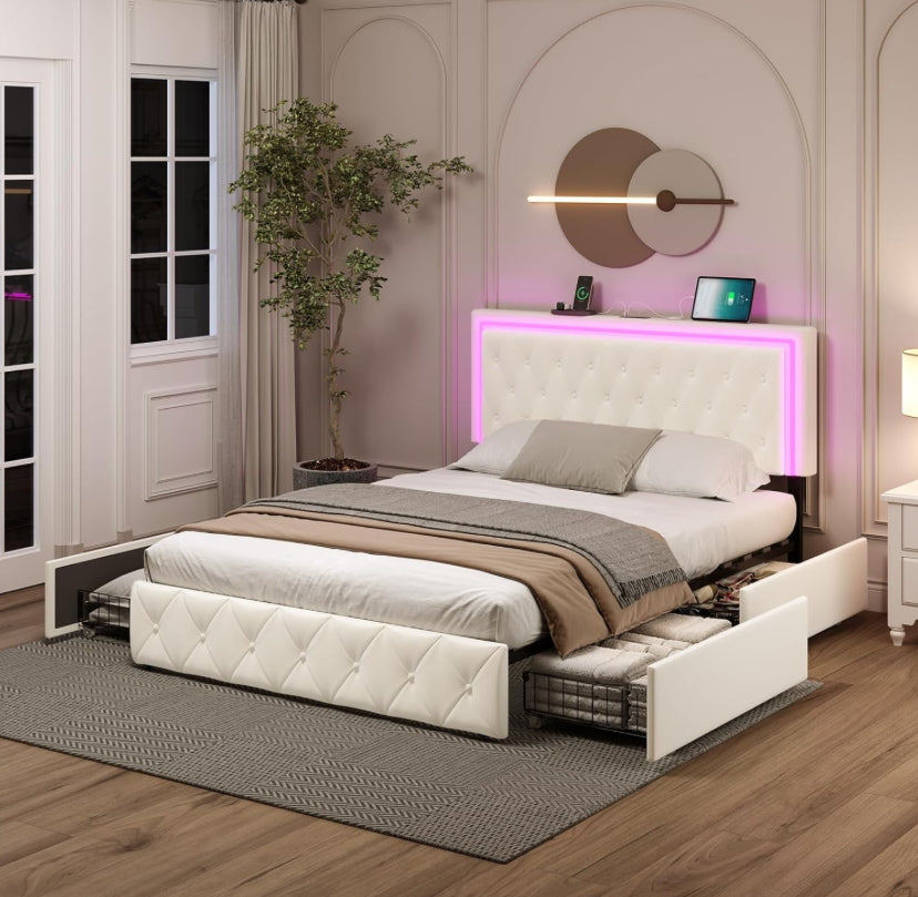Queen Bed Frame with Storage, Queen Bed Frame with 4 Rolling Drawers and Fast Charging Station, White Queen Bed Base, Adjustable LED Headboard, Velvet Upholstered.