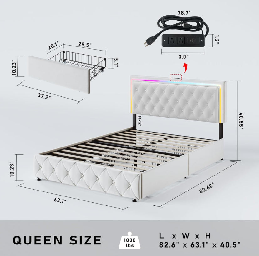 Queen Bed Frame with Storage, Queen Bed Frame with 4 Rolling Drawers and Fast Charging Station, White Queen Bed Base, Adjustable LED Headboard, Velvet Upholstered.