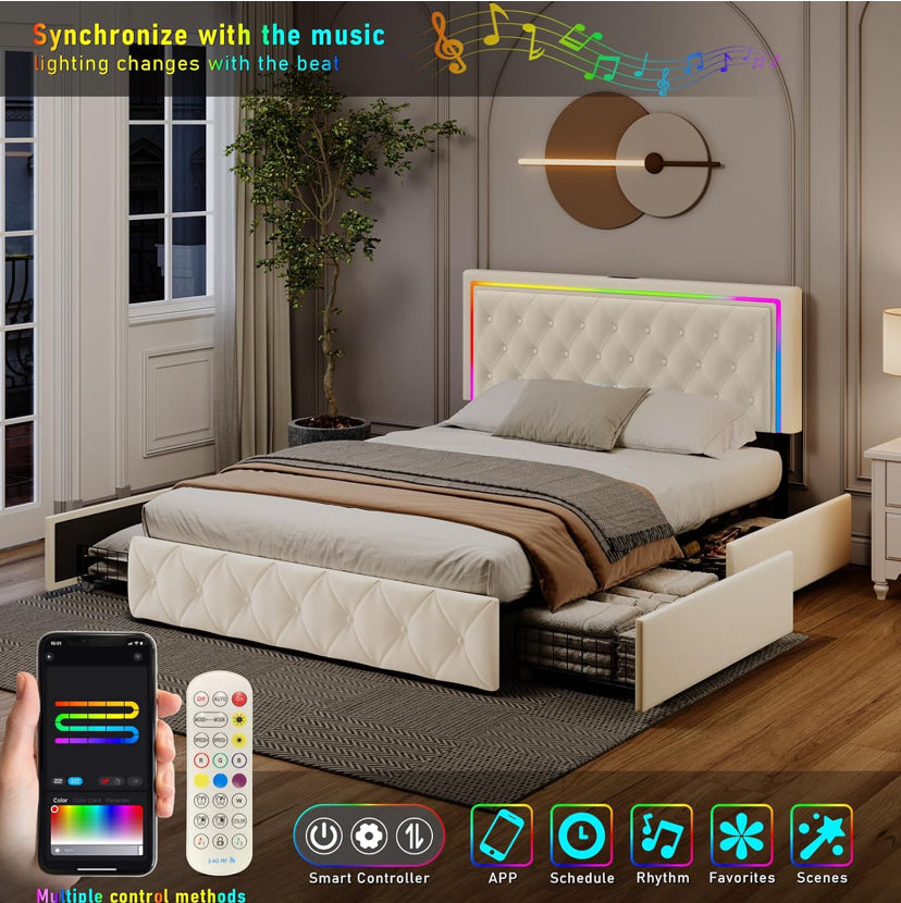 Queen Bed Frame with Storage, Queen Bed Frame with 4 Rolling Drawers and Fast Charging Station, White Queen Bed Base, Adjustable LED Headboard, Velvet Upholstered.