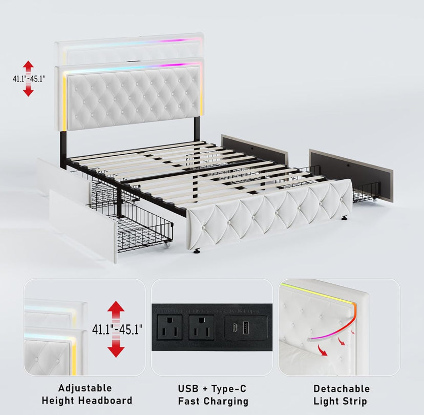Queen Bed Frame with Storage, Queen Bed Frame with 4 Rolling Drawers and Fast Charging Station, White Queen Bed Base, Adjustable LED Headboard, Velvet Upholstered.