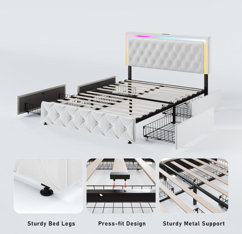 Queen Bed Frame with Storage, Queen Bed Frame with 4 Rolling Drawers and Fast Charging Station, White Queen Bed Base, Adjustable LED Headboard, Velvet Upholstered.