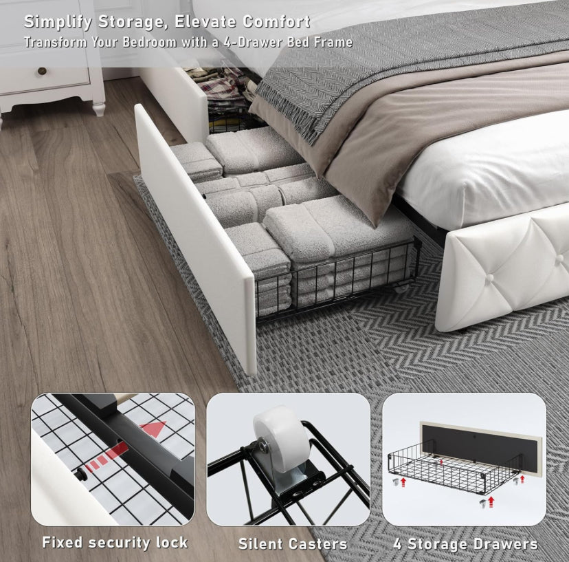 Queen Bed Frame with Storage, Queen Bed Frame with 4 Rolling Drawers and Fast Charging Station, White Queen Bed Base, Adjustable LED Headboard, Velvet Upholstered.